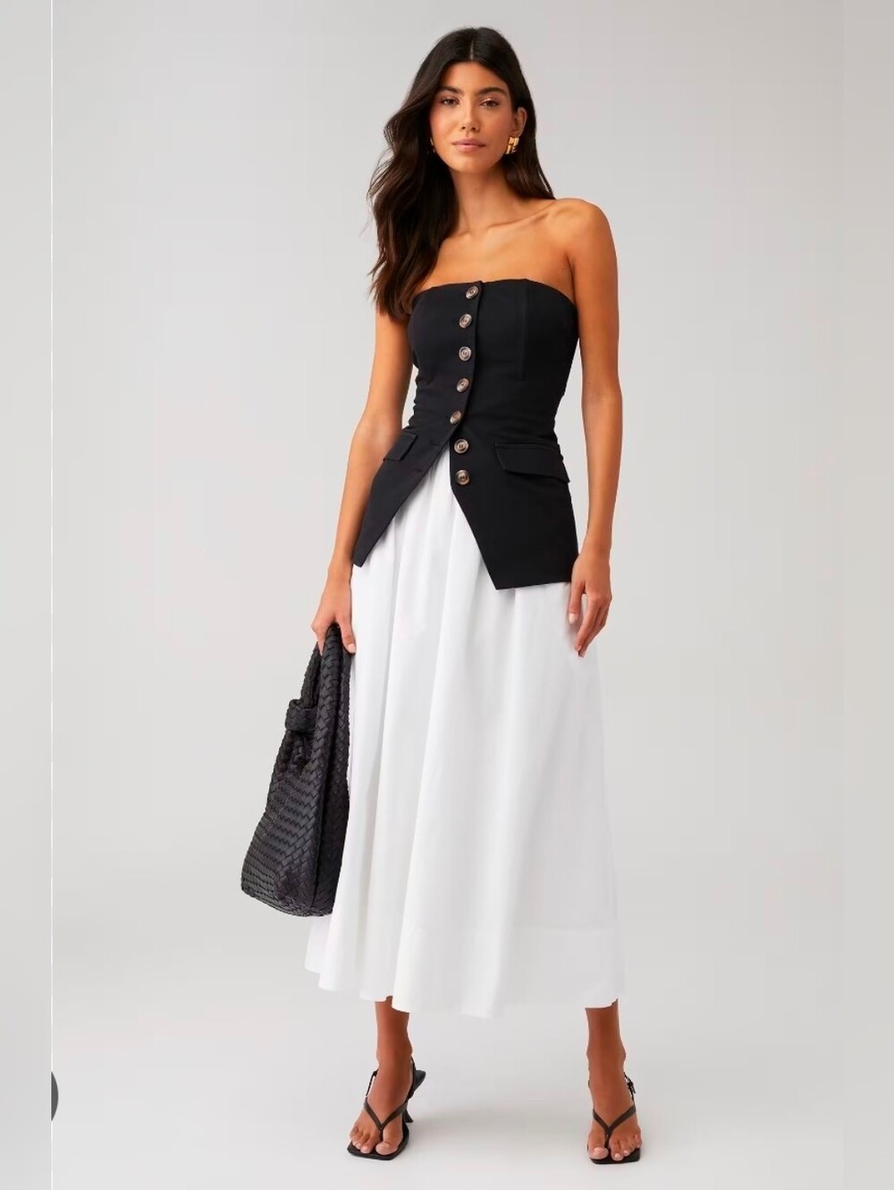 Women's White Tulle Lined A-Line Midi Skirt with Elastic Waist